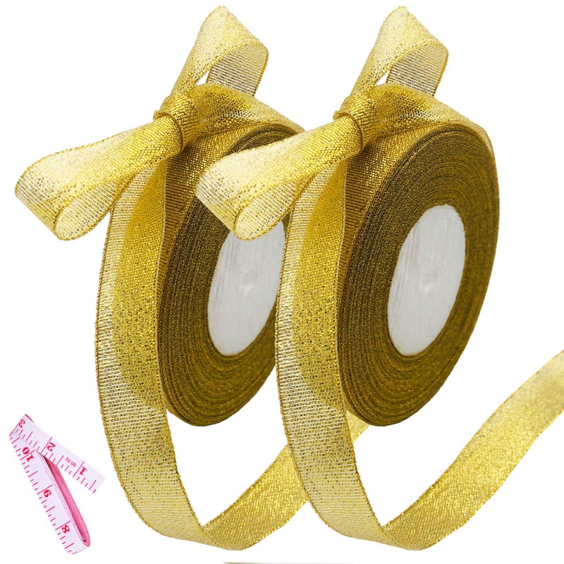 DAYEDZ 2 Rolls 50 yards Metallic Gold Glitter Ribbons, 5/8 Inch Sparkly Fabric Width Ribbon for Gift Wrapping, crafts, Holiday Wedding Birthday Party Decoration Floral DIY work, (25yards gold ribbon, 2 pack) - Image 1